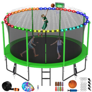 Jump Into Fun Trampoline 8 10 12 14 15 16FT, 1200LBS Trampoline for Kids Adults, Trampolines with Enclosure, Basketball Hoop, Wind Stakes, More Gifts, Outdoor Galvanized Anti-Rust Coating Trampoline