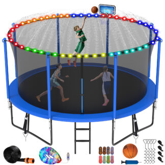Jump Into Fun Trampoline 8 10 12 14 15 16FT, 1200LBS Trampoline for Kids Adults, Trampolines with Enclosure, Basketball Hoop, Wind Stakes, More Gifts, Outdoor Galvanized Anti-Rust Coating Trampoline