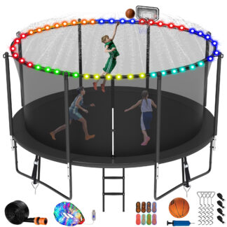 Jump Into Fun Trampoline 8 10 12 14 15 16FT, 1200LBS Trampoline for Kids Adults, Trampolines with Enclosure, Basketball Hoop, Wind Stakes, More Gifts, Outdoor Galvanized Anti-Rust Coating Trampoline