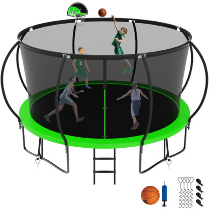 Jump Into Fun 14FT Trampoline for Adults/Kids, Trampoline with Enclosure, Basketball Hoop, Ladder, Wind Stakes, 1400LBS Capacity for 7-8 Kids, Outdoor Galvanized Full Spray Round Trampoline, Green
