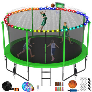 Jump Into Fun Trampoline 8 10 12 14 15 16FT, 1400LBS Trampoline for Kids Adults, Trampolines with Enclosure, Basketball Hoop, Wind Stakes, More Gifts, Outdoor Galvanized Anti-Rust Coating Trampoline