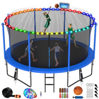 Jump Into Fun Trampoline 8 10 12 14 15 16FT, 1400LBS Trampoline for Kids Adults, Trampolines with Enclosure, Basketball Hoop, Wind Stakes, More Gifts, Outdoor Galvanized Anti-Rust Coating Trampoline
