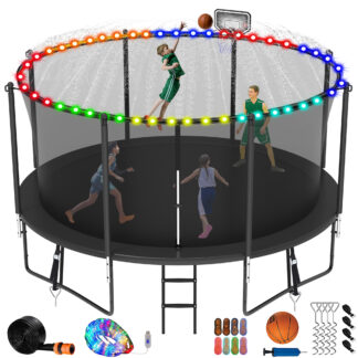 Jump Into Fun Trampoline 8 10 12 14 15 16FT, 1400LBS Trampoline for Kids Adults, Trampolines with Enclosure, Basketball Hoop, Wind Stakes, More Gifts, Outdoor Galvanized Anti-Rust Coating Trampoline
