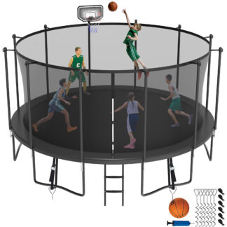 Jump Into Fun Trampoline 8 10 12 14 15 16FT, 1500LBS Trampoline for Kids Adults, Trampolines with Enclosure, Basketball Hoop, Wind Stakes, Galvanized Anti-Rust Coating, Outdoor Backyard Trampoline