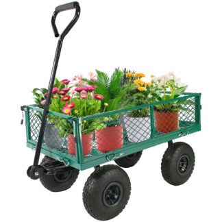 Jump Into Fun Garden Cart, Metal Wagon Cart with 10'' Tires, Upgrade Folding Heavy Duty Utility Garden Cart 650LBS Capacity with Mesh Frame, Removable Sides, Yard Wagon Cart for Backyard, Green