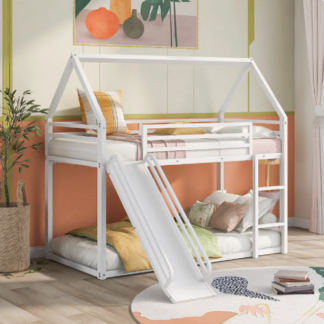 Jump Into Fun Bunk Bed, Twin over Twin Metal Bunk Bed with Slide, House Bunk Bed with Ladder and Safety Guardrails, Low Bunk Beds Twin over Twin for Kids, Slide Bunk Bed for Bedroom, White
