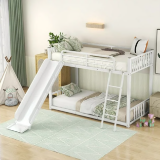 Jump Into Fun Bunk Beds Twin over Twin, Metal Bunk Bed with Slide, Low Bunk Bed with Ladder and Guardrails for Kids, Grils Boys, Bunk Bed for Bedroom, Dormitory, White