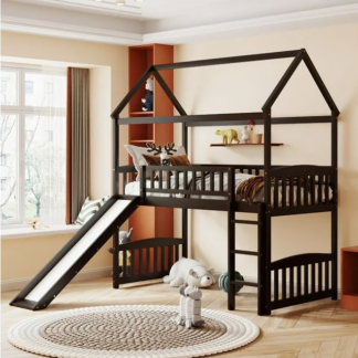 Jump Into Fun Loft Bed with Slide, Twin House Bed with Ladder and Full Safety Guardrails, Loft Bed with Roof for Kids Toddlers, Solid Wood Loft Bed for Bedroom, No Box Spring Needed - Espresso
