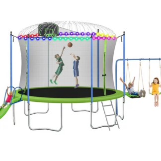 Jump Into Fun Trampoline 12FT 14FT for Kids/Adults, Trampoline with Enclosure, Swing, Slide, Basketball Hoop, LED Light, Sprinkler, Outdoor Recreational Trampolines for Backyard Capacity 5-8 Kids