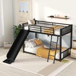 Jump Into Fun Bunk Beds Twin over Twin, Metal Bunk Bed with Slide, Low Bunk Bed with Ladder and Guardrails for Kids, Grils Boys, Bunk Bed for Bedroom, Dormitory, Black
