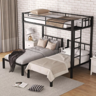 Jump Into Fun Triple Bunk Bed, Metal Twin over Twin and Twin Bunk Bed with Ladder, Full-Length Guardrail, 3 Beds Bunk Bed Can Convertible into 3 Twin Beds for Kids, Teens, Adults, Noise Free, Black