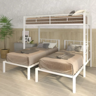 Jump Into Fun Triple Bunk Bed, Twin over Twin and Twin Bunk Bed with Ladder, Full-Length Guardrail, Metal Triple Bunk Bed Can Convertible into 3 Twin Beds for Kids, Teens, Adults, White