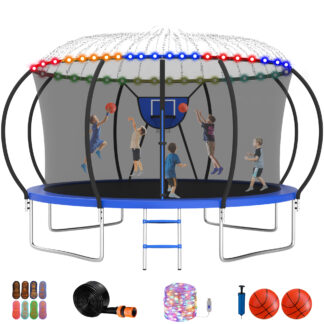 Jump Into Fun Trampoline 10FT 12FT 14FT 16FT, Trampoline with Enclosure, Basketball Hoop, 2 Balls, LED Light and More Gifts, 1400LBS Trampoline for 2-3 Adults/ 6-7 Kids, Outdoor Backyard Trampoline