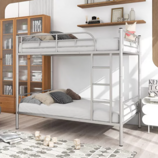 Jump Into Fun Bunk Bed Twin over Twin, Metal Bunk Bed for Kids Teens Adults Convertible into 2 Bed with 42 Sturdy Slats, Guard Rail & Ladder, Hold 600lb Bunk Bed for Guest Room, Noise Free, Silver