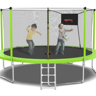 Jump Into Fun Trampoline 14FT with Enclosure, 1400LBS Capacity for 2-3 Adults or 5-6 Kids, Outdoor Trampoline with Basketball Hoop, Ladder, No Gap Design Green Recreational Trampoline