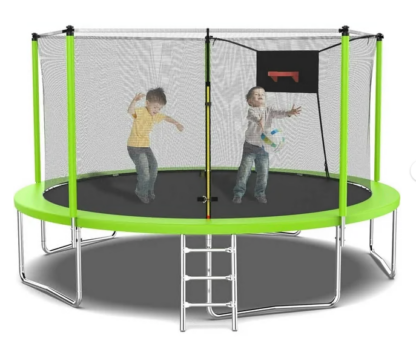Jump Into Fun Trampoline 14FT with Enclosure, 1400LBS Capacity for 2-3 Adults or 5-6 Kids, Outdoor Trampoline with Basketball Hoop, Ladder, No Gap Design Green Recreational Trampoline