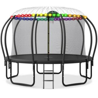 Jump Into Fun Trampoline 12FT 14FT 15FT 16FT, 1400LBS Trampoline for Adults/ 7-8 Kids, Trampoline with Enclosure, Basketball Hoop, LED light and More Gifts, Outdoor Upgraded Arc Pole Trampoline