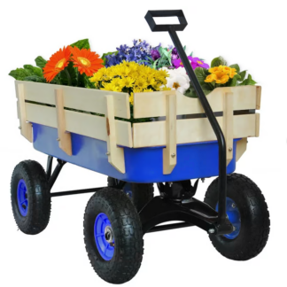 Jump Into Fun Wagon Cart for Kids, Kids Garden Wagon Cart with Rubber Wheels, Removable Wooden Side and Big Wheels, 220LBS Capacity, All Terrain Pulling, Heavy Duty Utility Wagon for Kids (Blue)
