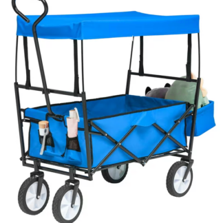 Jump Into Fun Collapsible Wagons, Heavy Duty Folding Cart with Canopy, Adjustable Handle, 360 Degree Wheels & Storage Basket, Beach Wagon Cart for Kids, Garden Wagon Cart for Sand, Large Wagon, Blue