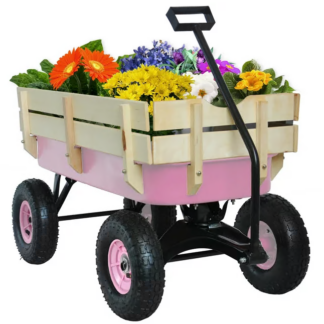 Jump Into Fun Wagon Cart for Kids, Kids Garden Wagon Cart with Rubber Wheels, Removable Wooden Side and Big Wheels, 220LBS Capacity, All Terrain Pulling, Heavy Duty Utility Wagon for Kids (Pink)