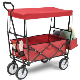 Jump Into Fun Collapsible Wagons, Heavy Duty Folding Cart with Canopy, Adjustable Handle, 360 Degree Wheels & Storage Basket, Beach Wagon Cart for Kids, Garden Wagon Cart for Sand, Large Wagon, Red