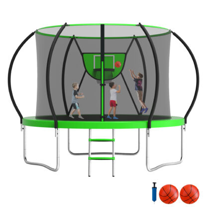 Jump Into Fun Trampoline 10FT, 1000LBS Trampoline for 3-4 Kids, Trampoline with Enclosure, Basketball Hoop, 2 Balls and Ladder, Outdoor No Gap Design Pumpkin Trampoline for Adults