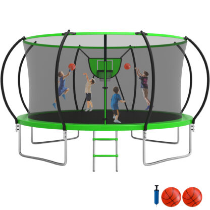 Jump Into Fun Trampoline 12FT, 1200LBS Trampoline for 5-6 Kids, Trampoline with Enclosure, Basketball Hoop, 2 Balls and Ladder, Outdoor No Gap Design Pumpkin Trampoline for Adults