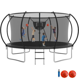 Jump Into Fun Trampoline 12FT, 1200LBS Trampoline for 5-6 Kids, Trampoline with Enclosure, Basketball Hoop, 2 Balls and Ladder, Outdoor No Gap Design Pumpkin Trampoline for Adults
