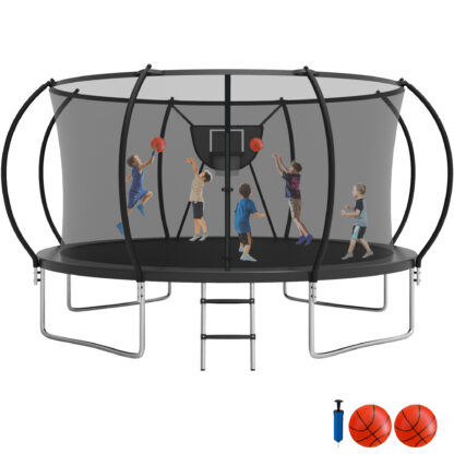 Jump Into Fun Trampoline 14FT, 1400LBS Trampoline for 6-7 Kids, Trampoline with Enclosure, Basketball Hoop, 2 Balls and Ladder, Outdoor No Gap Design Pumpkin Trampoline for Adults
