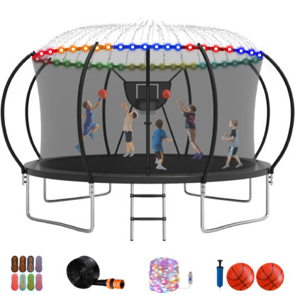 Jump Into Fun Trampoline 14FT, 1400LBS Trampoline for 6-7 Kids, Trampoline with Enclosure, Basketball Hoop, 2 Balls and More Gifts, Outdoor No Gap Design Pumpkin Trampoline for Adults