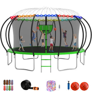 Jump Into Fun Trampoline 15FT, 1500LBS Trampoline for 7-8 Kids, Trampoline with Enclosure, Basketball Hoop, 2 Balls and More Gifts, Outdoor No Gap Design Pumpkin Trampoline for Adults