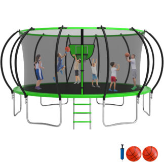 Jump Into Fun Trampoline 16FT, 1500LBS Trampoline for Adults/ 8-10 Kids, Trampoline with Enclosure, Basketball Hoop, Shoes Bags, Galvanized Full Spray Round Outdoor Trampoline with Curve Pole