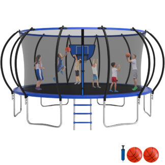 Jump Into Fun Trampoline 16FT, 1500LBS Trampoline for Adults/ 8-10 Kids, Trampoline with Enclosure, Basketball Hoop, Shoes Bags, Galvanized Full Spray Round Outdoor Trampoline with Curve Pole