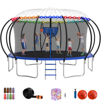 Jump Into Fun Trampoline 16FT, 1500LBS Trampoline for Adults/ 8-10 Kids, Trampoline with Enclosure, Basketball Hoop, Shoes Bags, More Gifts, Galvanized Full Spray Round Outdoor Pumpkin Trampoline