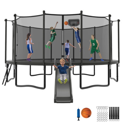 Jump Into Fun Trampoline 12 14 15 16FT, 1200LBS for 5-7 Kids, Trampoline with Slide, Enclosure Net and Ladder, Round Trampoline for Adults and Kids, Outdoor Recreational Backyard Trampoline