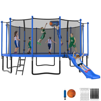 Jump Into Fun Trampoline 16 15 14 12FT for 9-10 Kids/ 4-5 Adults, Trampoline with Slide, Enclosure, Basketball Hoop and Ladder, 1500LBS Heavy Duty Galvanized Outdoor Trampoline for Family