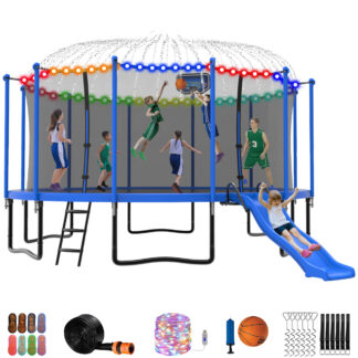 Jump Into Fun Trampoline 16 15 14 12FT for 9-10 Kids/ 4-5 Adults, Trampoline with Slide, Enclosure, Basketball Hoop, LED Light and More, 1500LBS Heavy Duty Galvanized Outdoor Trampoline for Family