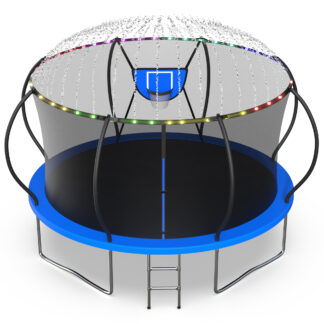 Jump Into Fun Trampoline 12FT 1200LBS, 10FT 14FT 16FT Trampoline for Adults and Kids, Trampoline with Enclosure, Basketball Hoop, LED Lights Sprinkler and More Gifts, Outdoor Pumpkin Trampoline