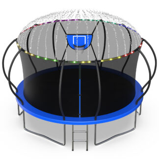 Jump Into Fun Trampoline, 14FT 10FT 12FT 16FT 1400LBS Trampoline for Adults and Kids, Trampoline with Enclosure, Basketball Hoop and Basketball, LED Light and More Gifts, Outdoor Pumpkin Trampoline