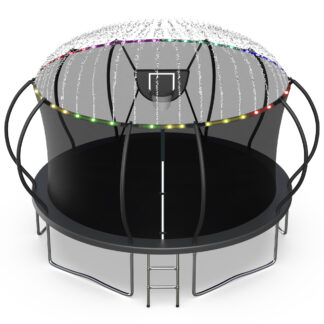 Jump Into Fun Trampoline 14FT 10FT 12FT 16FT 1400LBS Trampoline for Adults and Kids, Trampoline with Enclosure, Basketball Hoop, LED Light Sprinkler and More Gifts, Outdoor Pumpkin Trampoline