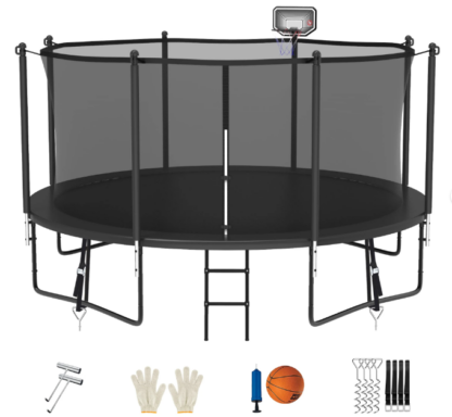 Jump Into Fun Trampoline 15FT 14FT 12FT, Trampoline for Adults and Kids with Enclosure, Basketball Hoop, Wind Stakes & Ladder, Recreational Outdoor Spray Galvanized Round Trampoline