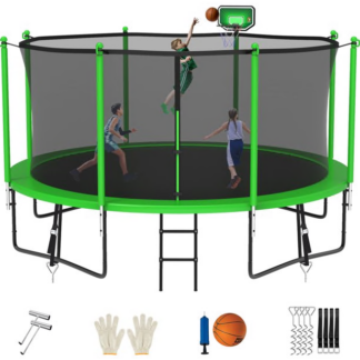 Jump Into Fun Trampoline 8FT 10FT 12FT 14FT 15FT 16FT, Trampoline for Adults and Kids with Enclosure, Basketball Hoop, Wind Stakes and AntiRust Coating, 1200LBS Outdoor Recreational Trampolines
