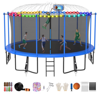 Jump Into Fun Trampoline 8FT 10FT 12FT 14FT 15FT 16FT, Trampoline for Adults and Kids with Enclosure, Basketball Hoop, Wind Stakes, LED Light and More Gifts, 1500LBS Outdoor Recreational Trampolines