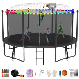 Jump Into Fun Trampoline 8FT 10FT 12FT 14FT 15FT 16FT, Trampoline for Adults and Kids with Enclosure, Basketball Hoop, Wind Stakes, LED Light and More Gifts, 1400LBS Outdoor Recreational Trampolines