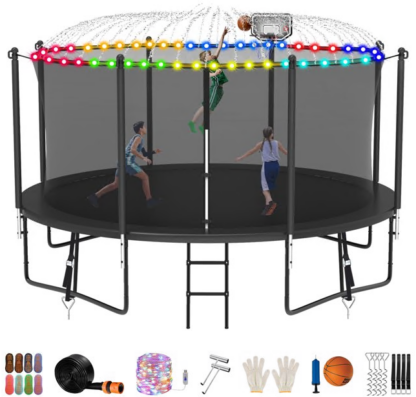 Jump Into Fun Trampoline 8FT 10FT 12FT 14FT 15FT 16FT, Trampoline for Adults and Kids with Enclosure, Basketball Hoop, Wind Stakes, LED Light and More Gifts, 1200LBS Outdoor Recreational Trampolines