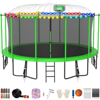 Jump Into Fun Trampoline 12FT 14FT 15FT 16FT, Trampoline for Adults and Kids with Enclosure, Basketball Hoop, Light, Sprinkler, Socks, Wind Stakes, 1500LBS Outdoor Recreational Trampolines, Green