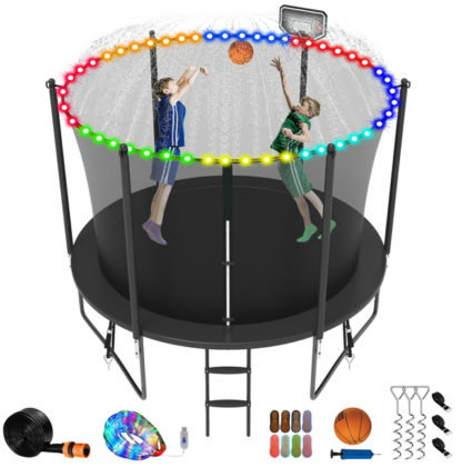 Jump Into Fun Trampoline 8FT 10FT 12FT 14FT 15FT 16FT, Trampoline for Adults and Kids with Enclosure, Basketball Hoop, Wind Stakes, LED Light and More Gifts, 800LBS Outdoor Recreational Trampolines
