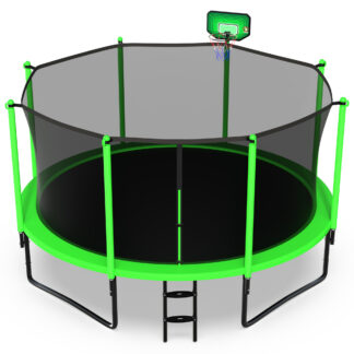 Jump Into Fun 12FT Trampoline for Adults/ 5-6 Kids, 1200LBS Capacity Trampolines with Enclosure, Basketball Hoop, Wind Stakes, Heavy Duty Outdoor Galvanized Anti-Rust Coating Recreational Trampoline