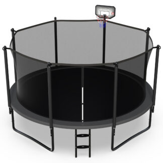 Jump Into Fun 12FT Trampoline for Adults/ 5-6 Kids, 1200LBS Capacity Trampolines with Enclosure, Basketball Hoop, Wind Stakes, Heavy Duty Outdoor Galvanized Anti-Rust Coating Recreational Trampoline