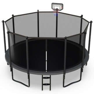 Jump Into Fun 14FT Trampoline for Adults/ 6-8 Kids, 1400LBS Capacity Trampolines with Enclosure, Basketball Hoop, Wind Stakes, Heavy Duty Outdoor Galvanized Anti-Rust Coating Recreational Trampoline